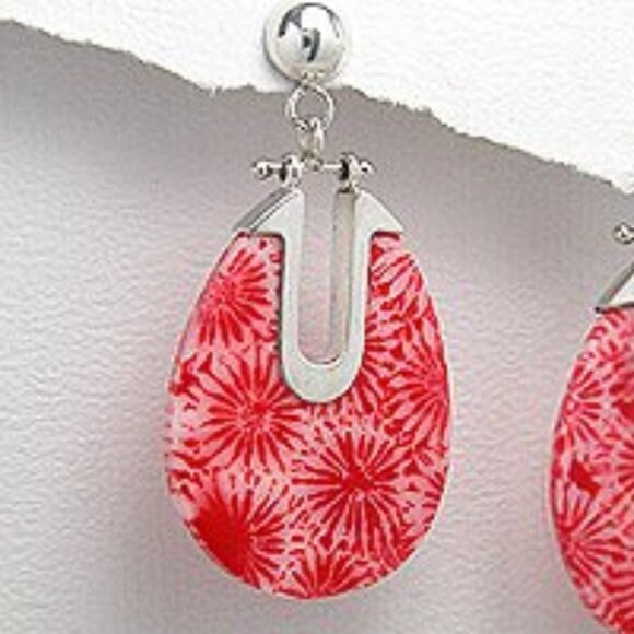 Sterling Silver Sponge Coral Oval Post Earrings - NEW - Picture 2 of 3